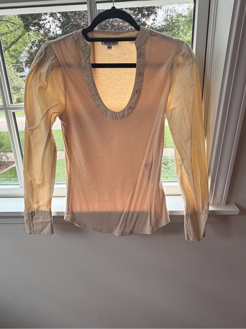 Astars Cream Long-Sleeve Scoop Neck Top with Button Trim